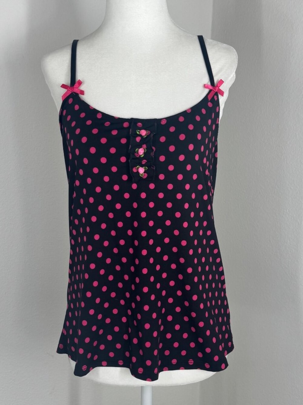 Betsey Johnson Camisole Top Polka Dot Black Pink Sz M